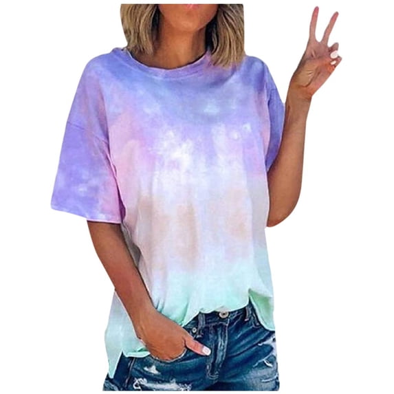 IROINNID Shirt for Women Summer Tie-Dye Short Sleeve Crew-Neck T-shirt Casual Tee Tops(S-5XL) Blue