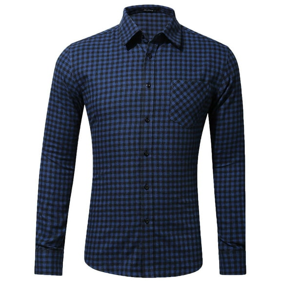 IROINNID Shirt with Pocket for Men Autumn Slim Fit Long Sleeve Turndown Lattice Top Blouse Shirt,Dark Blue