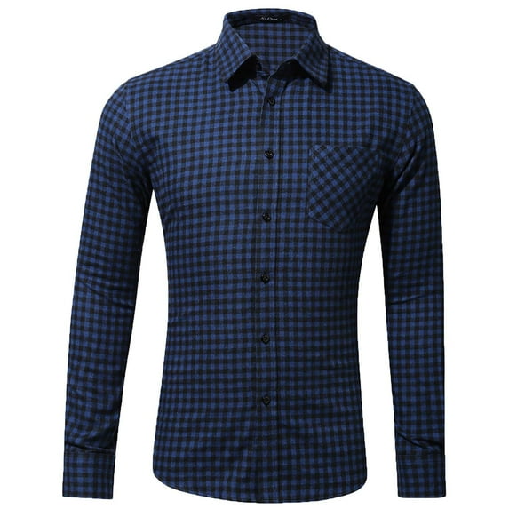 IROINNID Shirt with Pocket for Men Autumn Slim Fit Long Sleeve Turndown Lattice Top Blouse Shirt,Dark Blue