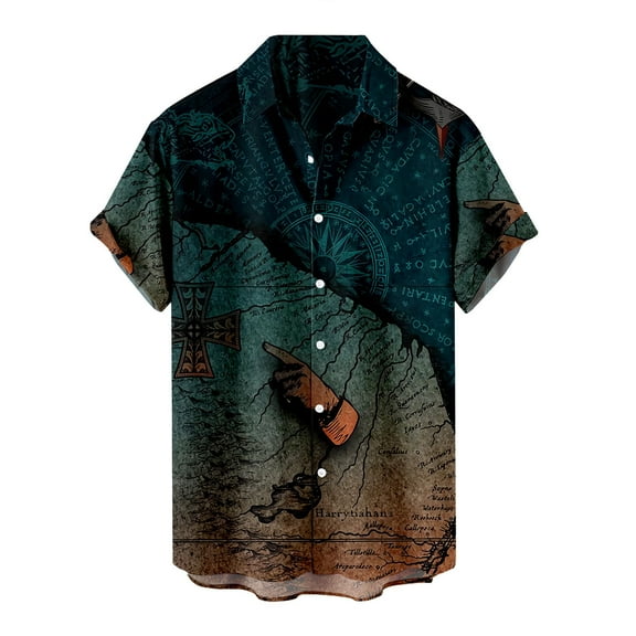 IROINNID Shirt with Pocket for Men Hawaiian Geometry Print Lapel Short Sleeve Shirt,Green