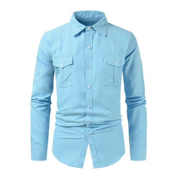IROINNID Shirt with Pocket for Men Solid Button Lapel Long Sleeve Shirt Coat,Sky Blue