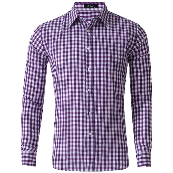 IROINNID Shirts for Men Long Sleeve Autumn Slim Fit Turndown Lattice Top Blouse Shirt,Purple