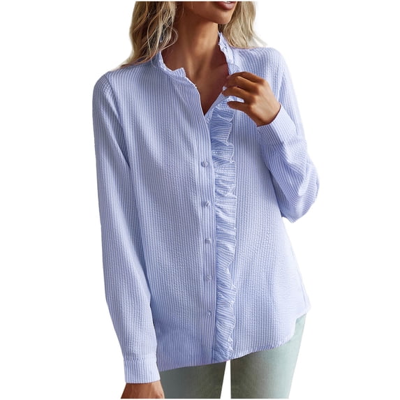 IROINNID Shirts for Women Long Sleeve Discount Fall Solid Casual Versatile Turndown Lapel Blouse Tops,Blue
