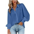 thumbnail image 1 of IROINNID Shirts for Women Long Sleeve Reduced Fall Casual Turndown Collar Button Down Lantern Sleeve Trendy Blouse,Blue, 1 of 6