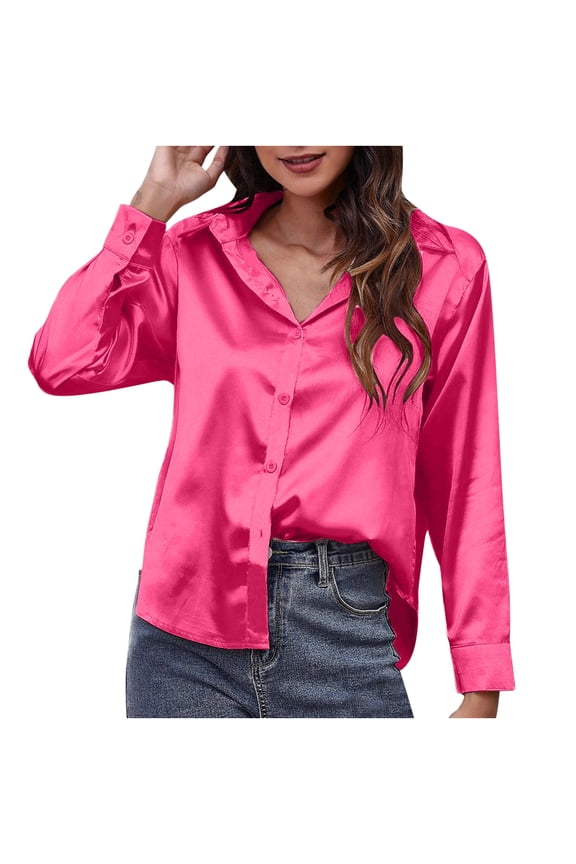 Shirts for Women Long Sleeve Solid Satin Silk Soft Fall Shirt Button Fall Spring Blouse,Hot Pink