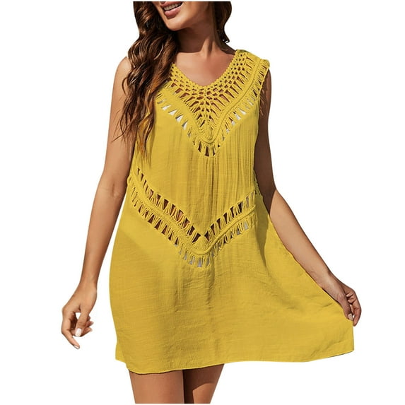 IROINNID Short Dress For Women Solid Color Fashion Casual Hollowed Out Beach Dress Sleeveless V-Neck Sundress