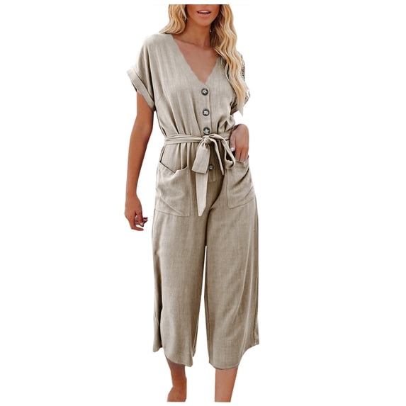 IROINNID Short Sleeve Jumpsuit For Women Full-Length Casual Pocket Lace Up Loose Rompers Jumpsuit