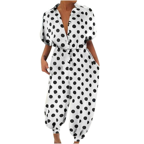 IROINNID Short Sleeve Jumpsuit For Women Full-Length Dots Button Rompers Trousers Casual Fashion Jumpsuit