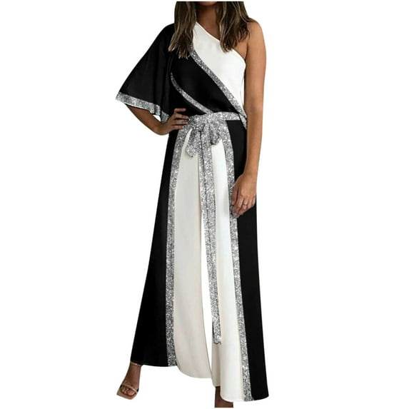 IROINNID Short Sleeve Jumpsuit For Women Full-Length Fashion Casual block Skew Collar Straps Wide Leg Trousers Jumpsuit