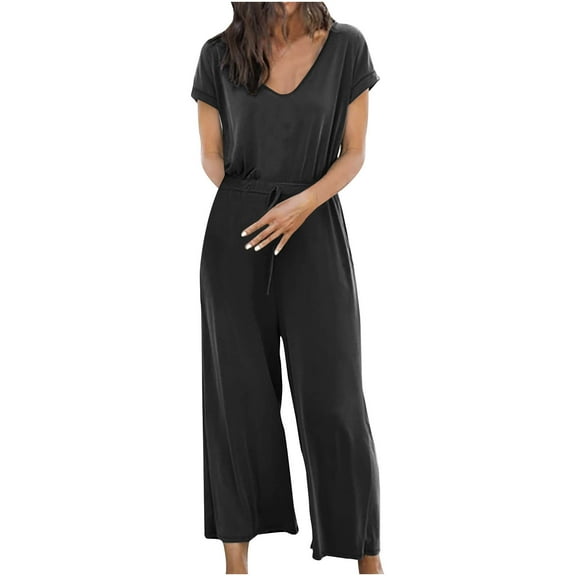 IROINNID Short Sleeve Jumpsuit For Women Full-Length Fashion Summer Casual Wide Leg Pants Jumpsuit
