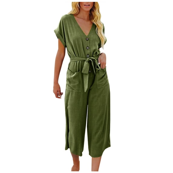 IROINNID Short Sleeve Jumpsuit For Women Full-Length Pocket Lace Up Loose Rompers Jumpsuit