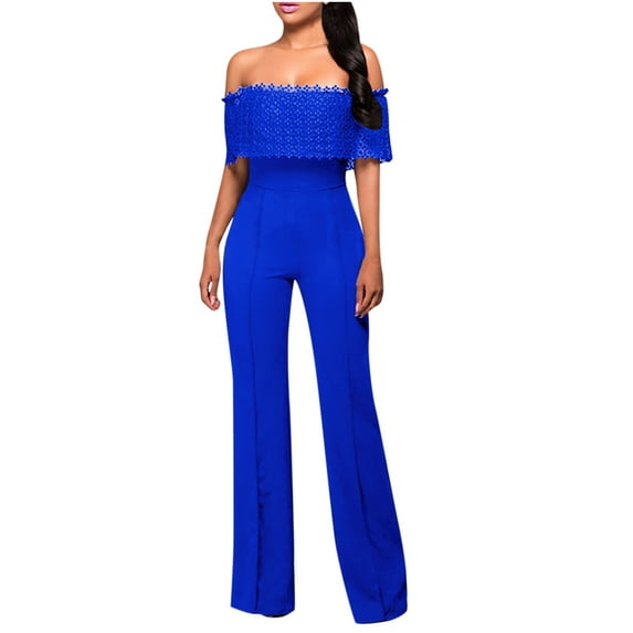 IROINNID Short Sleeve Off-the-Shoulder Jumpsuit For Women Full-Length Off Shoulder Fashion Casual Lace Side Zipper Jumpsuit