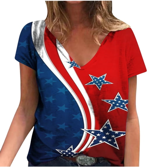 IROINNID Short Sleeve T-Shirt For Women Fashion Casual Blouse V-Neck Women Tops America Independence Day