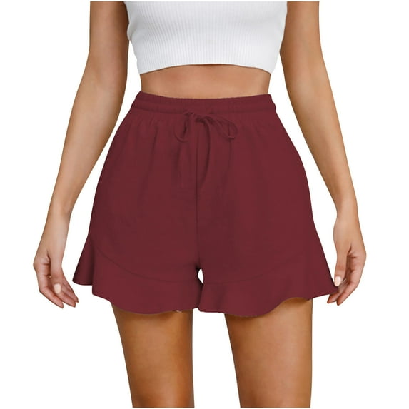 IROINNID Shorts for Women Cotton And Linen Pants With Ruffles Elastic Waist Drawstring Shorts,Burgundy