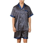IROINNID Silk Pajamas for Men Button Closure Short Sleeve Shirts and Shorts with Pockets Two-Pieces Sleepwear Sets,Dark Blue