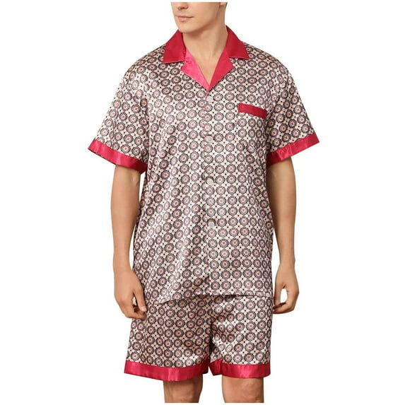 IROINNID Silk Pajamas for Men Button Closure Short Sleeve Shirts and Shorts with Pockets Two-Pieces Sleepwear Sets,Red