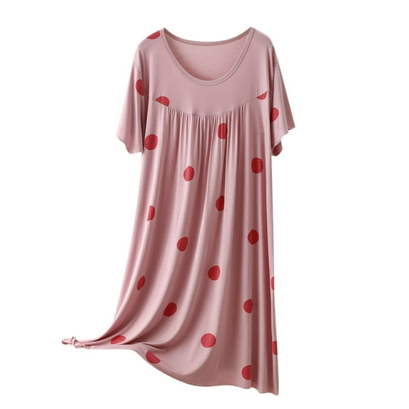 IROINNID Silk Pyjamas Long Dress for Women, Plus Size Floral Short Sleeve and Round Neck Lightweight Home Cooling Summer Pajama Soild Color for Women
