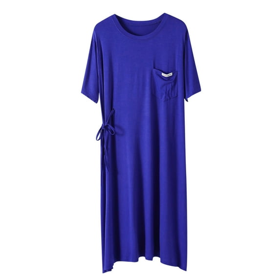 IROINNID Silk Pyjamas Long Dress for Women, Plus Size Short Sleeve and Round Neck Lightweight Home Cooling Summer Pajama Soild Color for Women