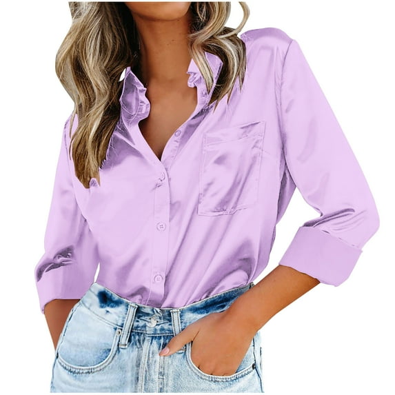 IROINNID Silk Shirt for Women Blouse Satin Silk Soft Shirts Casual Loose Fit Long Sleeve Office Work Button Tops,Purple