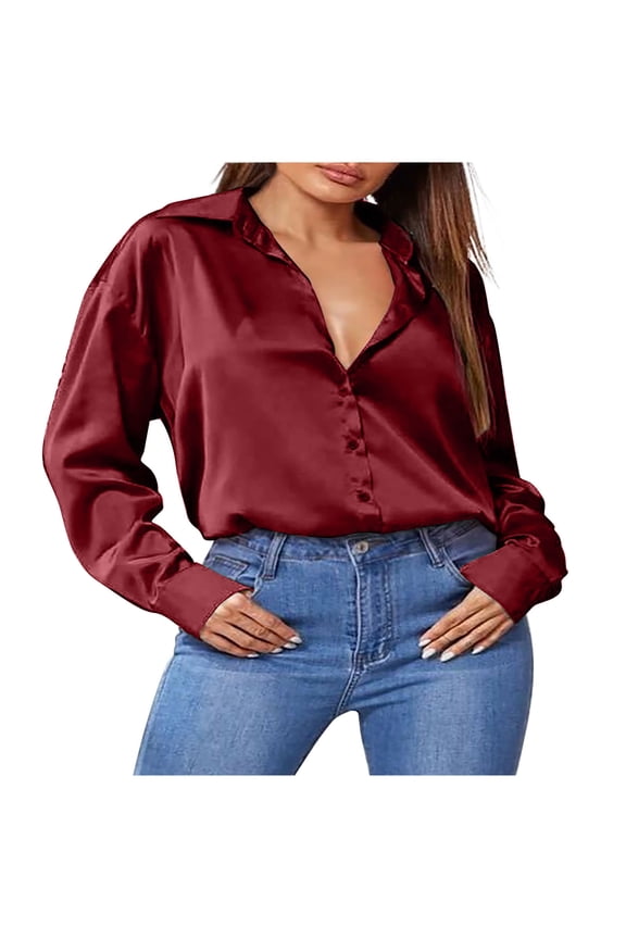 Silk Shirt for Women Loose Fit Long Sleeve T-shirt Casual Base Blouse Solid Shirts,Burgundy