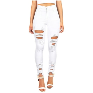 IROINNID Skinny Pants For Women Elastic Waist Fashion Button High Waist Pocket Hole Denim Pants Solid Color Jean