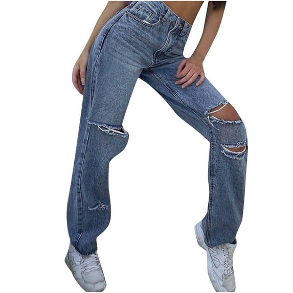 IROINNID Skinny Pants For Women Rigid Waist Wide Legs Ripped Denim Trousers Casual Pants With Pockets Solid Color Jean