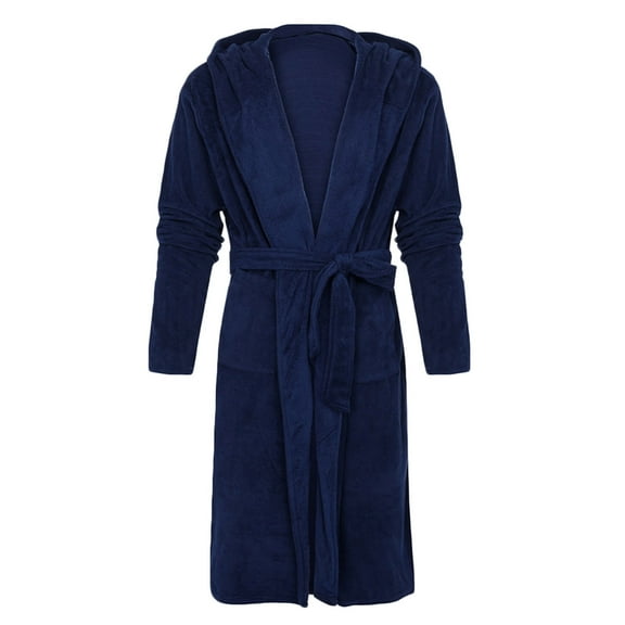 IROINNID Sleepwear Robe for Men Cozy Fleece Robe Solid Waist Tie Bathrobe with Pocket,Dark Blue