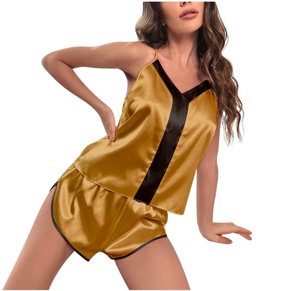 IROINNID Sleepwear Sets for Women Camisole Pajamas Two Pieces Home Wear Silk Nightwear Two-piece Set,Yellow