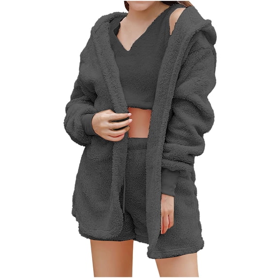 IROINNID Sleepwear Sets for Women Open Cardigan with Shorts and Camisole Plush Nightwear Three Piece Loungewear Sets,Dark Gray