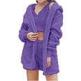 thumbnail image 1 of IROINNID Sleepwear Sets for Women Open Cardigan with Shorts and Camisole Plush Nightwear Three Piece Loungewear Sets,Purple A, 1 of 6