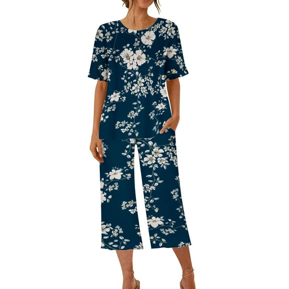 IROINNID Sleepwear Sets for Women Printed Short Sleeve Sleep-shirt and Capri Pants with Pocket Homewear Pajamas Sets,Dark Blue
