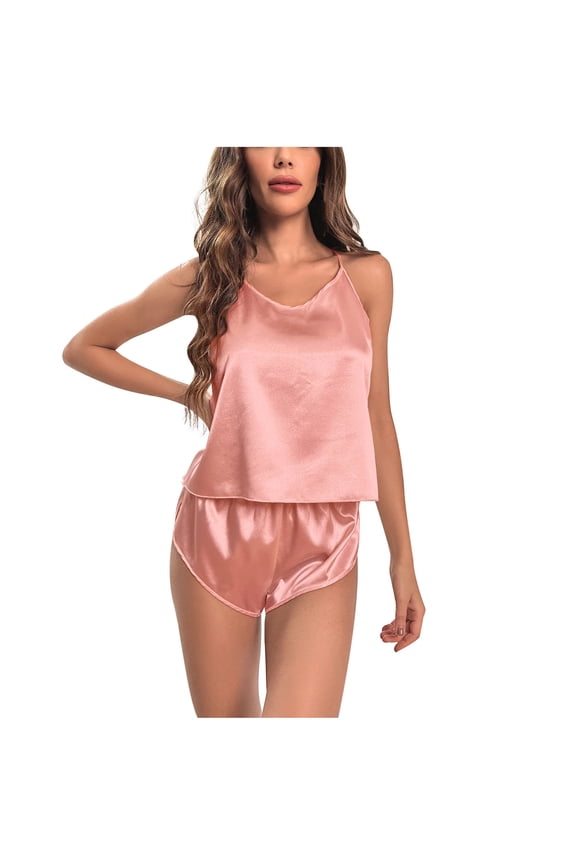 Sleepwear Sets for Women Silk Halter Pajamas with Shorts Homewear Pajamas Two-piece Set,Pink A
