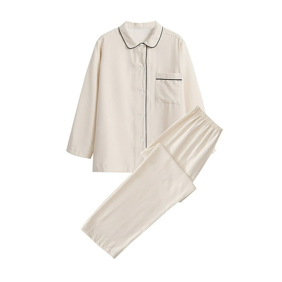 IROINNID Sleepwear Sets for Women Two Pieces Cotton Homewear Loose Tops Pants Button Down Soft Loungewear Pajamas Suits,Beige
