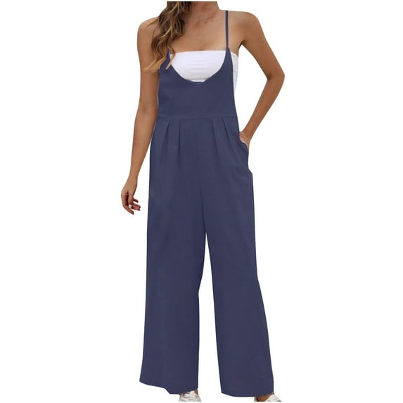 IROINNID Sleeveless Jumpsuit For Women Full-Length Fashion Casual Sold Shoulder Button Suspender Jumpsuits Wide Pocket Leg Pant Jumpsuit