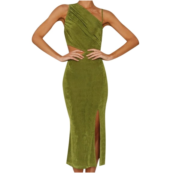 IROINNID Sleeveless One-Shoulder Dress For Women Slimming Knitting Bandage Backless Sloping Shoulder Hollow Strapless Tank Dress Solid Color Below The Knee Sheath Dress