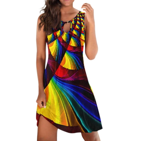 IROINNID Sleeveless Round Neckline Dress For Women Cute Ruffle Swing Flory Beach Sun Mini Tank Short Dresses Prints Knee-Length Sundress