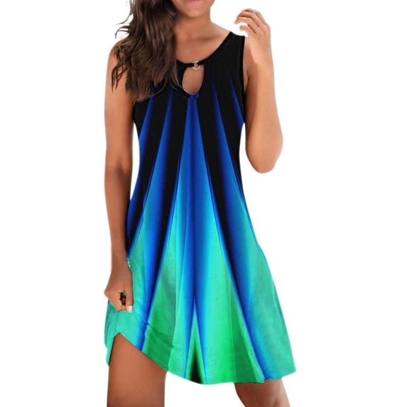 IROINNID Sleeveless Round Neckline Dress For Women Cute Ruffle Swing Flory Beach Sun Mini Tank Short Dresses Prints Knee-Length Sundress