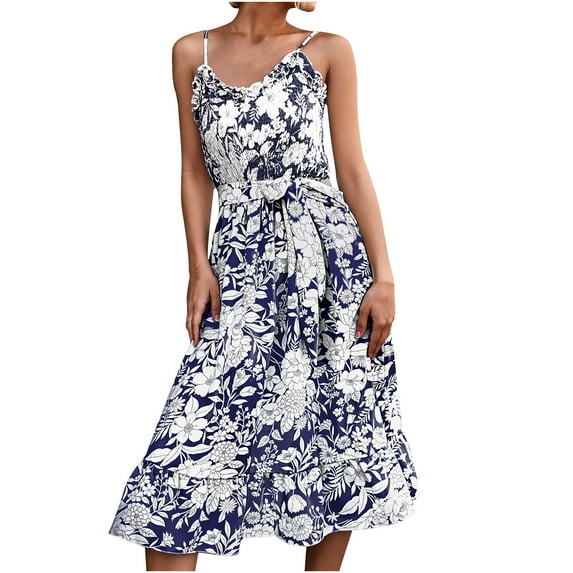 IROINNID Sleeveless Round Neckline Dress For Women Fashion Summer Casual Backless Bandage Top Camis Sexy Dress Prints Knee-Length Empire Dress