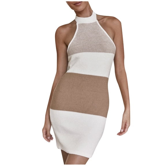 IROINNID Sleeveless Round Neckline Dress For Women Ladies Summer Fashion Stripe Halter Backless Dress Stripes Short Halter Dress