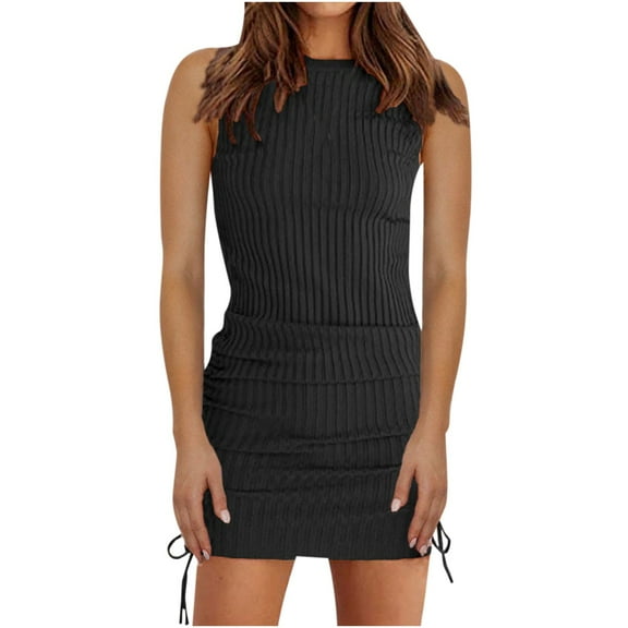 IROINNID Sleeveless Round Neckline Dress For Women Ribbing Knitting Drawstring Buttocks Casual Dress Solid Color Short Sheath Dress