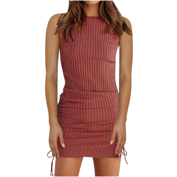 IROINNID Sleeveless Round Neckline Dress For Women Ribbing Knitting Drawstring Buttocks Casual Dress Solid Color Short Sheath Dress