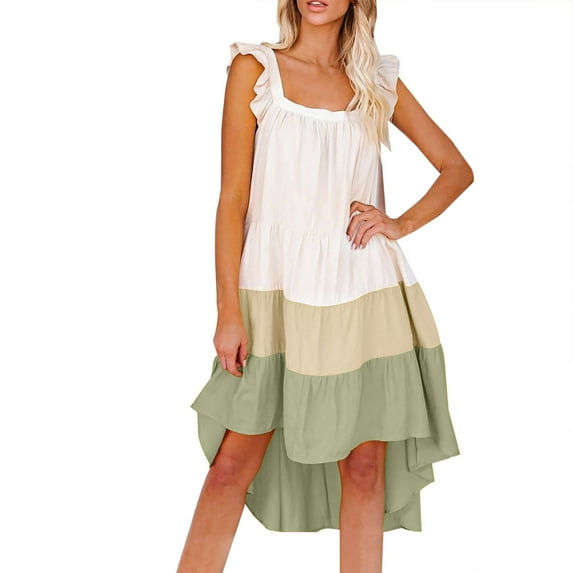 IROINNID Sleeveless Square Neck Dress For Women Fashion Summer Square Collar Patchwork Casual Ball Gown Dress Solid Color Knee-Length Sundress