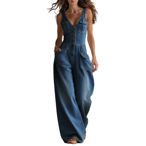 IROINNID Sleeveless V Neck Button Front Overalls for Women with Wide Leg and Cargo Pockets for Summer Casual Daily Wear Relaxed Fit