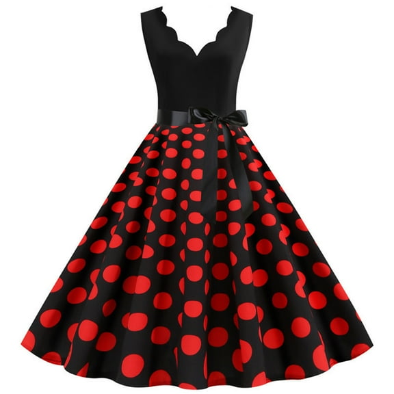 IROINNID Sleeveless V-Neck Dress For Women Fashion Flare Vintage Dress Prom Swing Polka Dot Party Dress Prints Below The Knee A-Line Dress