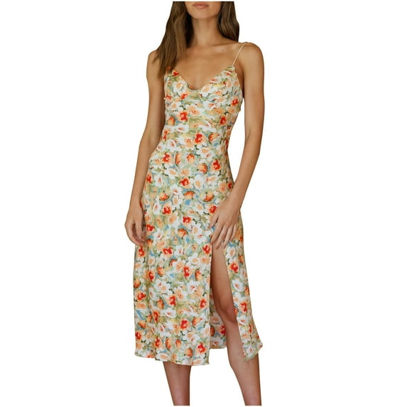IROINNID Sleeveless V-Neck Dress For Women Fashion Summer Casual Backless Floral Top Camis Dress Prints Below The Knee Sundress