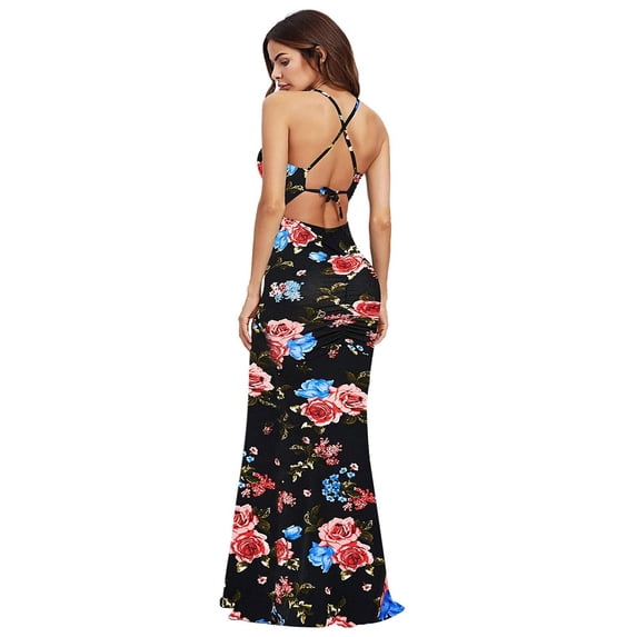 IROINNID Empire Dress For Women Sleeveless Round Neckline Sexy Maxi Cocktail Evening Party Flowy Backless Long Dress Cross-back Graphic Prints Dress
