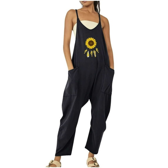 IROINNID Sleeveless V-Neck Jumpsuit For Women Full-Length Casual Cold Shoulder Suspender Wide Leg Jumpsuit