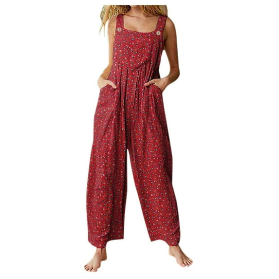 IROINNID Sleeveless V-Neck Jumpsuit For Women Full-Length Floral Straps Wide Leg With Pockets Vintage Jumpsuit