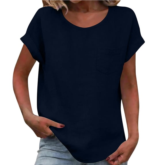 IROINNID Solid Color Shirts for Women Cotton and Linen Shirts for Women Daily Printed V- Neck Short Sleeve T-shirt Blouse Loose Tops