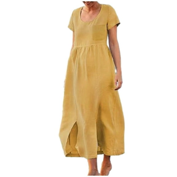 IROINNID Solid Dresses For Women Minimalist Round-Neck Short Sleeve Loose Casual Slit Draw Back Long Dresses